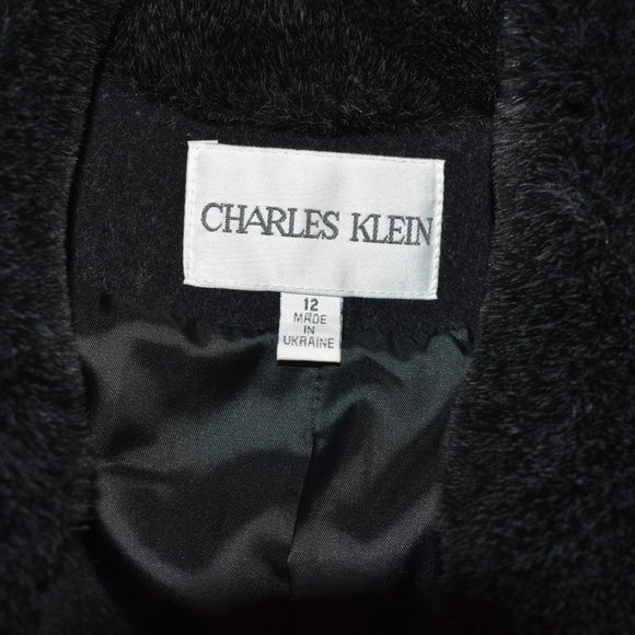 Charles Klein Dark Grey Wool with Black Faux Fur Belted Pea Coat * Size 12 - Picture 8 of 9